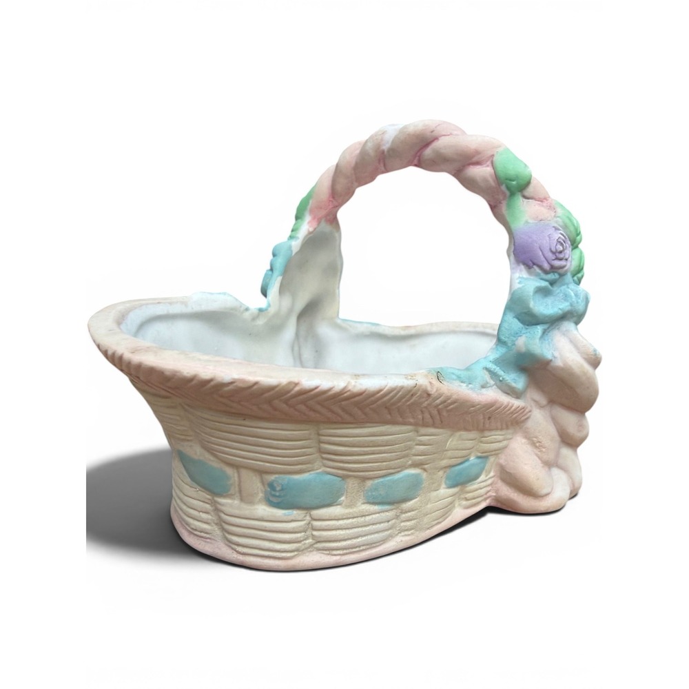 Basket Planter Ceramic Pastel Floral Rose Bow Cottagecore Decor Vintage Trinket - Picture 3 of 7